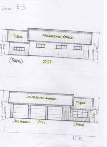 Oppriss (fasadetegning) av en bygning som viser eksisterende garasje og tilbygg, med mål og orientering (Øst/Vest).