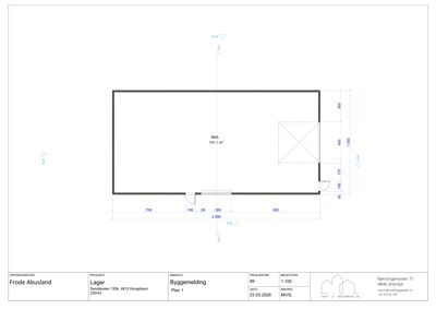 Etasjeplan (Plan 1) for en byggeomelding som viser romfordeling, dimensjoner og etasjehøyder.