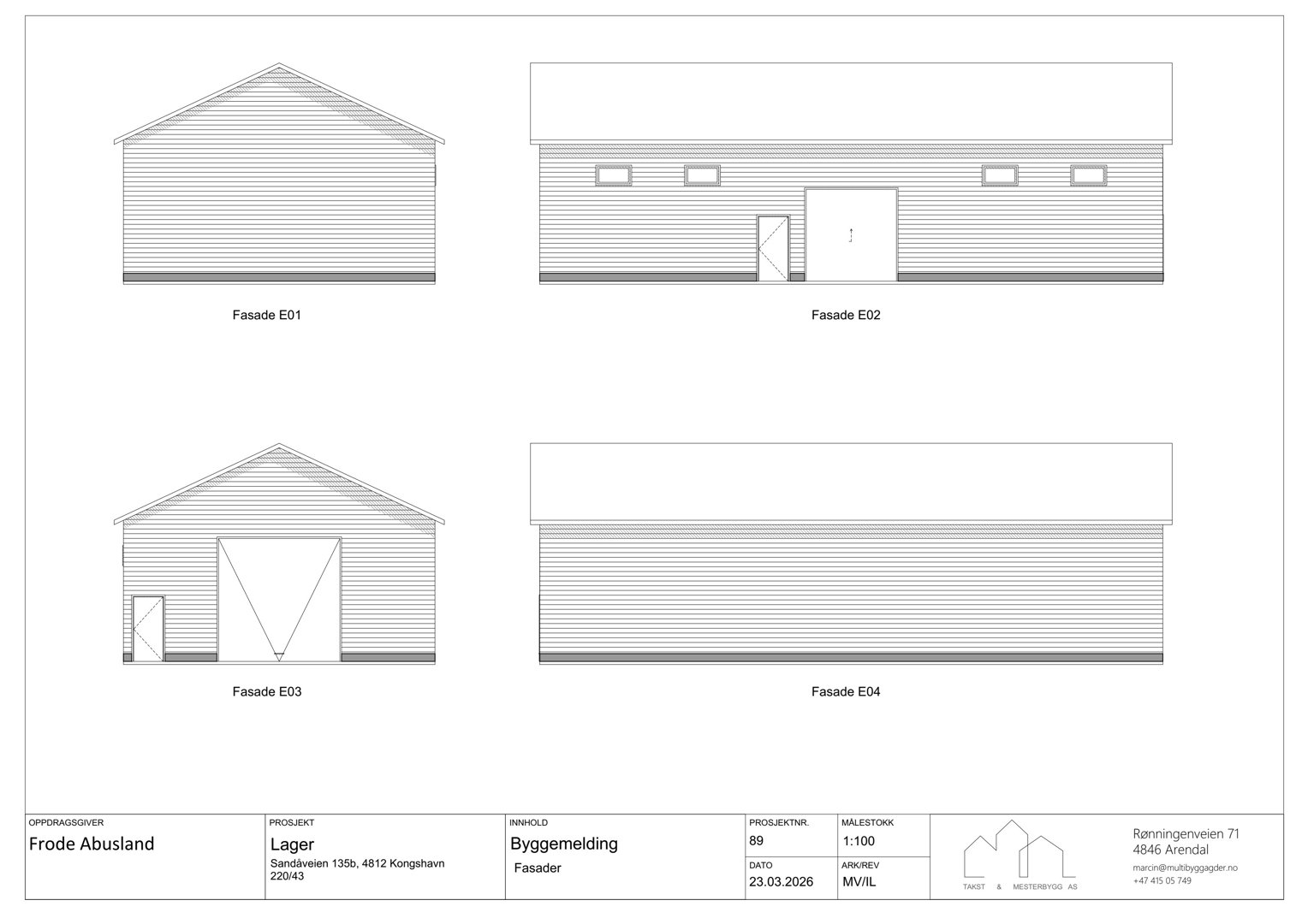 Fasadetegninger som viser fire ulike sider (E01-E04) av et lagerbygg med dører og vinduer.