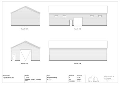 Fasadetegninger som viser fire ulike sider (E01-E04) av et lagerbygg med dører og vinduer.