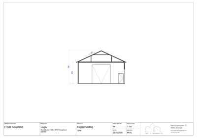 Snittegning som viser tverrsnittet av en bygning (Lager) med mål på høyde og takhelling.