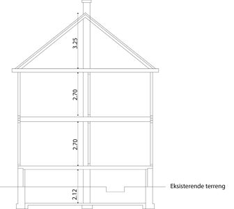 Snittegning som viser bygningens høyder og etasjer.