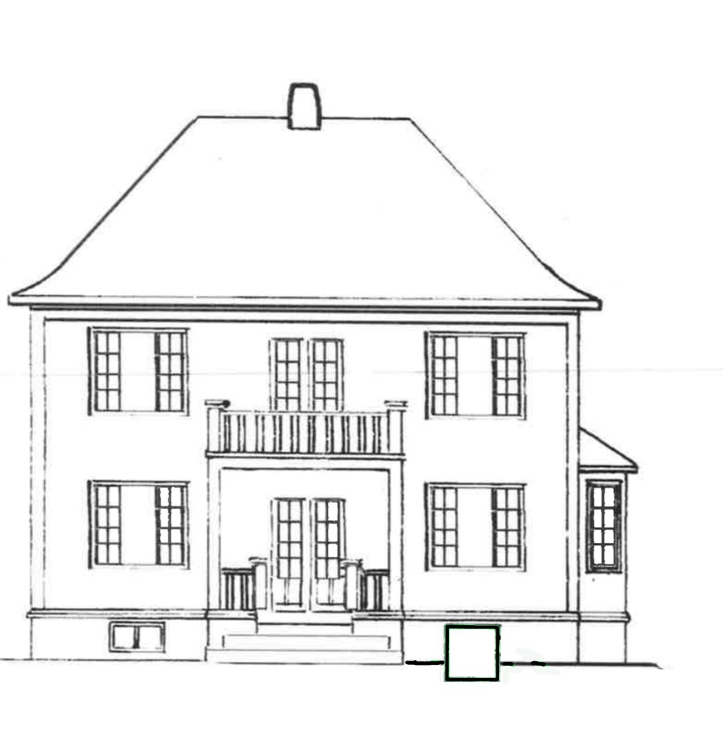 Fasadetegning av en toetasjes bolig sett fra fronten.