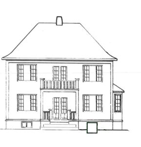 Fasadetegning av en toetasjes bolig sett fra fronten.