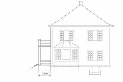 Fasadetegning av en toetasjes bygning med vinduer, tak og en veranda.