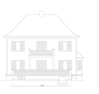 Fasadetegning av en toetasjes bygning sett fra fronten, med mål angitt.