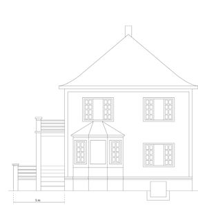 Fasadetegning av en toetasjes bolig sett fra fronten, med vinduer, tak og en veranda.