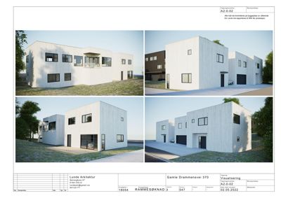 En 3D-visualisering av et planlagt hus sett fra flere vinkler.