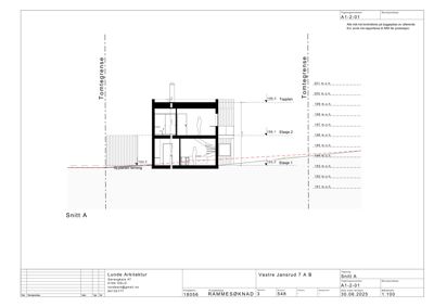 Snittegning (Snitt A) som viser bygningens tverrsnitt, etasjer og høyder.