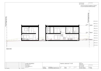 Snittegning (Snitt B) som viser tverrsnittet av en toetasjes bygning med høydeangivelser.