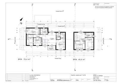 Etasjeplan som viser romfordeling, stuer, soverom og bad i to leiligheter.