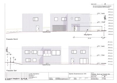 Bildet viser fasadetegninger for bygningen på Gamle Drammensvei 370. Det er tegnet oppriss for både Fasade Nord og Fasade Sør, med høydeangivelser (m.o.h.) og vindus- og døråpninger.