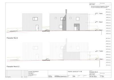 Bildet viser to fasadetegninger (Fasade Nord og Fasade Nord 2) med høydeangivelser og etasjeskilting.