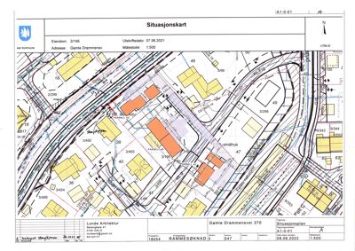 Situasjonskart som viser eiendomsnummer, adresse, naboeiendommer og bygningers plassering i forhold til veier og grunngrenser.