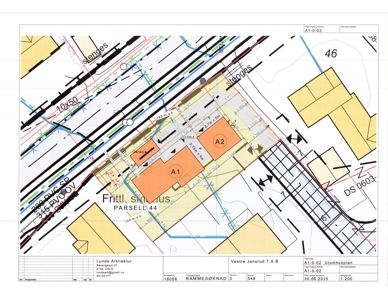 Situasjonsplan som viser tomtens grenser, naboeiendommer, veier og bygningers plassering.