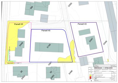 Situasjonsplan som viser tomtene (Parsell 43, 44, 45), eksisterende bygninger og planlagt bebyggelse.