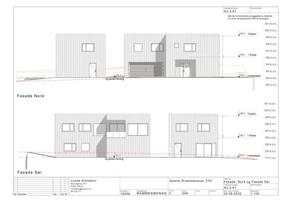 Fasadetegning som viser bygningens utseende sett fra nord og sør, med høydeangivelser.