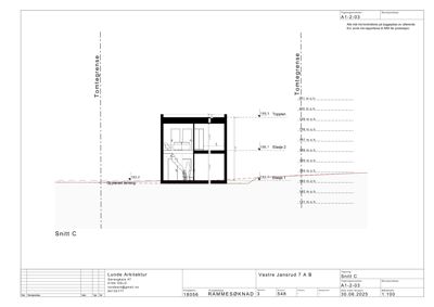 Snittegning (Snitt C) som viser bygningens tverrsnitt, høydemål og etasjer.