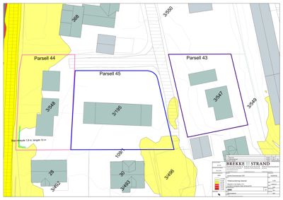 Situasjonsplan som viser tomtene (Parsell 43, 44, 45), bygningstilhørighet og naboparceller.