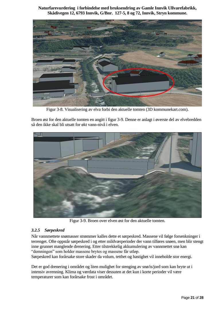 3D-visualisering av et elveløp og bygninger i et landskap, inkludert en bro.