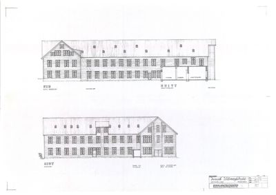 Fasadetegning som viser bygningens utseende fra fire sider (SØ, SØTT, SØ, SØV), inkludert vinduer, dører og takform.