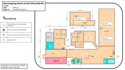 Etasjeplan (1. etasje) for Gamle Innvik Ullvarefabrikk, som viser romfordeling, branncellebegrensninger og utgangsplasseringer.