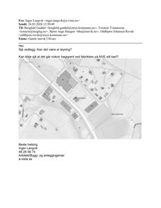 Et kart som viser et område med bygninger, veier og topografi, inkludert en høyspenningslinje.