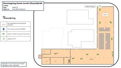 Etasjeplan (2. etasje) for brannutrykning i Gamle Innvik Ullvarefabrikk, med romfordeling, utrykningsveier og branncelle-inndeling.