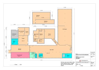 Etasjeplan (1. etasje) for Gamle Innvik Ullvarefabrikk som viser romfordeling, arealer og dimensjoner.