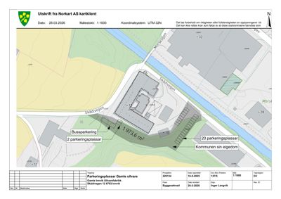 Situasjonsplan som viser tomtens beliggenhet, naboeiendommer, veier (Skådivegen, Morskogen), parkeringsplasser og topografi.