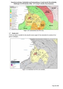 Bildet viser to kart (Figur 1-18 og Figur 1-19) som er brukt i en naturfarevurdering for et område i Innvik. Kartene viser geologiske forhold, radonnivå og andre naturfarefaktorer.