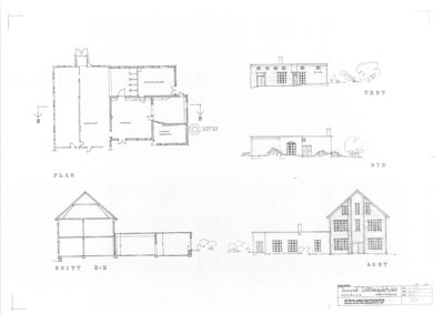 Bildet viser en tegning med etasjeplan (PLAN) og fasadeopprikk (VRST, SYD, AUST) samt et snitt (SNITT E-W).
