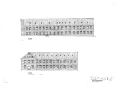Tegning som viser fasadeopprikk (fra nord og vest) av en bygning.