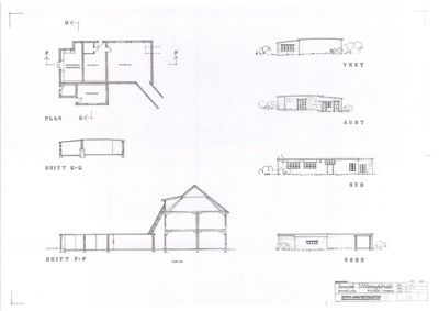 En tegning som viser et etasjeplan (PLAN G) og fire snittegninger (SNITT G-G, SNITT P-P, VEST, AUST, SYD, NORD) av en bygning.