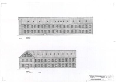 Tegning som viser fasadeopprikk (fra vest og nord) av en bygning.