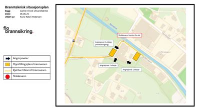 Bilde viser en brannteknisk situasjonsplan som illustrerer bygningens plassering i forhold til veier, vannkilder og angrepsveier.