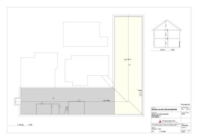 Etasjeplan for 3. etasje i Gamle Innvik Ullvarefabrikk, som viser romfordeling, trapp og loftarealer.