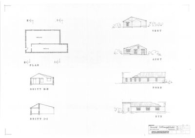 Bildet viser en tegning med etasjeplan (PLAN) og fire fasadeopprikk (VEST, AUST, NORD, SYD) samt to snittegninger (SNITT E-E, SNITT I-I).
