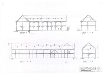 Bildet viser fire snittegninger (Snitt A-A, B-B, C-C og D-D) av en bygning, som illustrerer den vertikale konstruksjonen og romfordelingen.