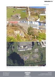 En collage av fire skjermbilder (merket 1-4) som viser berg i dagen på ulike steder i et område med boliger og grønt. Bildene illustrerer geologiske observasjoner.