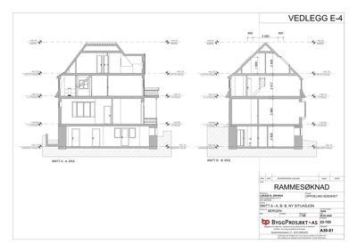 Tegning som viser tverrsnitt gjennom en bolig (Snitt A-A og B-B), inkludert høyder, etasjer og romfordeling.