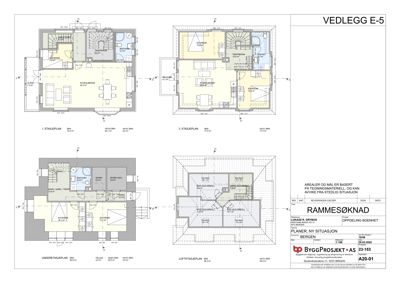 Bildet viser en samling av etasjeplaner for en bolig, inkludert 1. etasje, 2. etasje, underetasje og loftsetasje, samt en situasjonsplan for oppdeling av boenhet.