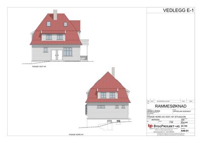 Fasadetegning som viser oppriss av bygningens vest- og nordside med nye fasader.