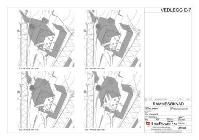 Situasjonsplaner som viser sol- og skyggeforhold for en bygning på tomt.
