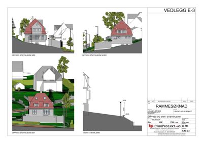 Oppriss av støy-skjerm sett fra nord, øst og vest, samt et snitt av skjermen.