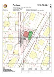 Situasjonsplan som viser tomtens plassering i forhold til nabolaget, høydemålerlinjer, og planlagt oppdeling av tomten.