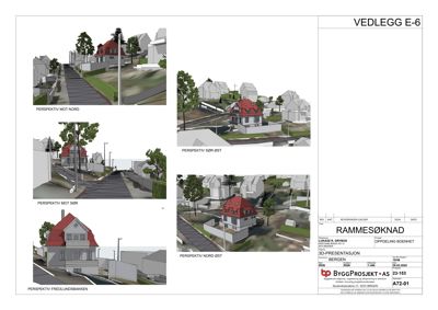 3D-visualiseringer (renderinger) av en bolig fra ulike vinkler (Nord, Sør, Øst, Vest) inkludert situasjon i nabolaget.