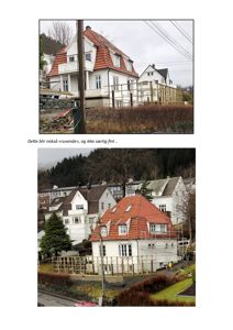 Fotografier av en hvit villa med rødt tak under bygging eller renovering, sett fra ulike vinkler.