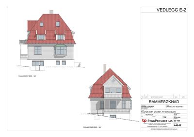 Fasadetegning som viser bygningens utseende fra øst og sør.