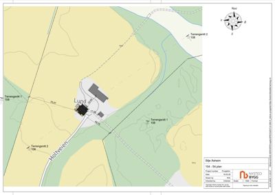 Situasjonsplan som viser bygningens plassering i forhold til terrenget, nabolag og veier.